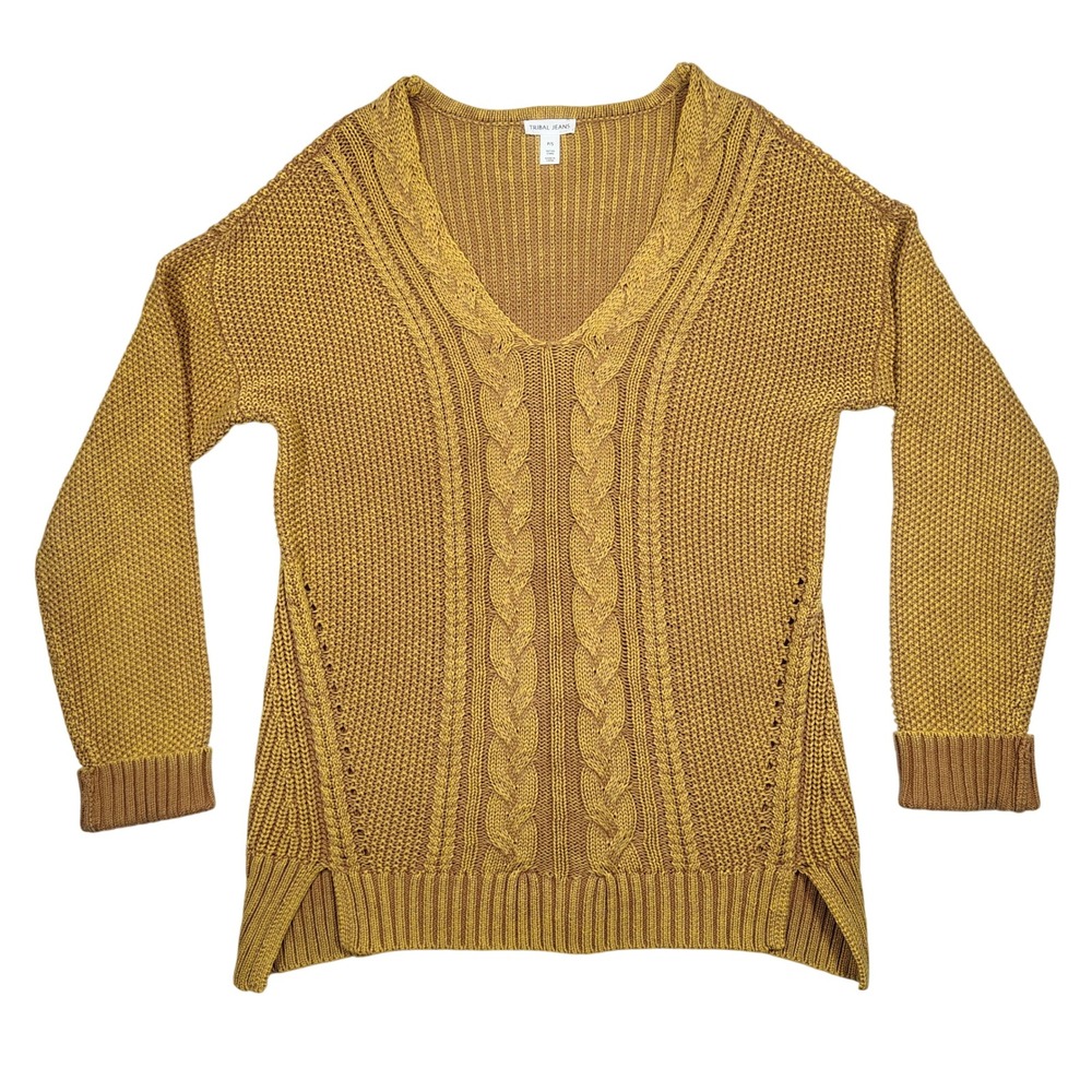 Tribal Jeans Sweater Women Small Mustard V-Neck Cable Knit Pullover Cotton 67360